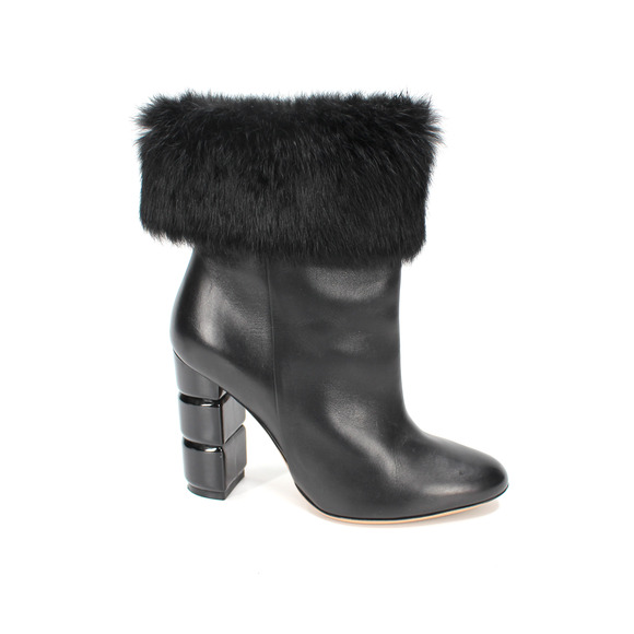 Salvatore Ferragamo Loris Black Leather Rabbit Fur Heeled Ankle Bootie 5.5 Shoes - Picture 1 of 7